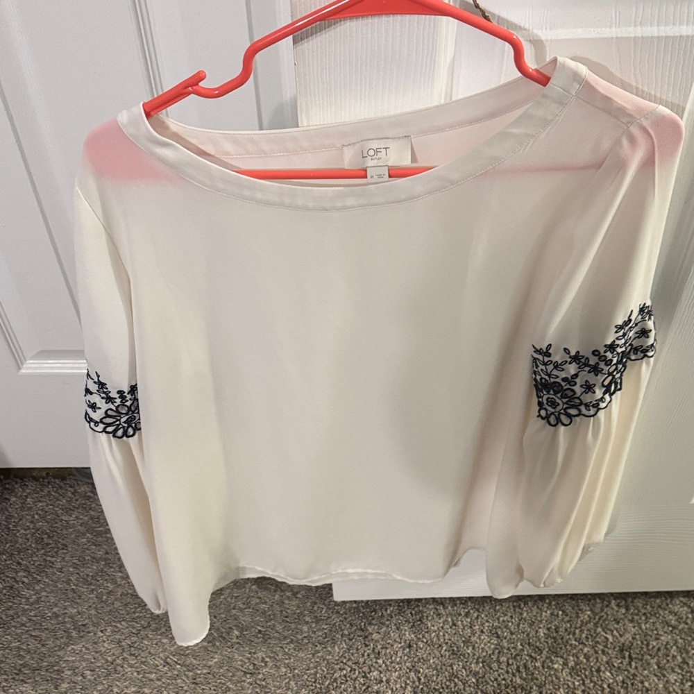 LOFT Cream Blouse with Navy Floral Sleeve Embroidery